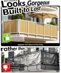 Top image shows elegant balcony with PVC Privacy Fence Screen 14mm 3 Rib Reinforced Textured Panel; bottom image shows flimsy fabric screen.