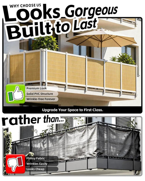Top image shows elegant balcony with PVC Privacy Fence Screen 14mm 3 Rib Reinforced Textured Panel; bottom image shows flimsy fabric screen.