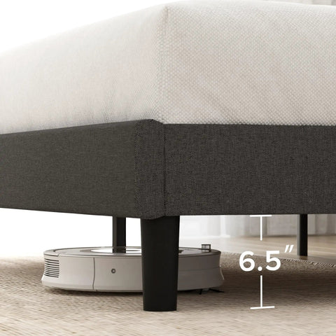 Straight Up Comfy Premium Upholstered Queen Bed Frame Featuring A Bold Asymmetric Headboard And Iron Clad Steel Base For A Seamless Setup Construction with 6.5 inch clearance and robotic vacuum underneath.
