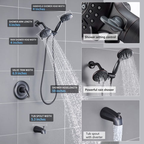 Shower Tub Kit With 2 In 1 Handheld And Rain Shower Head System, 35 Modes, Valve Included, Oil Rubbed Bronze Finish.