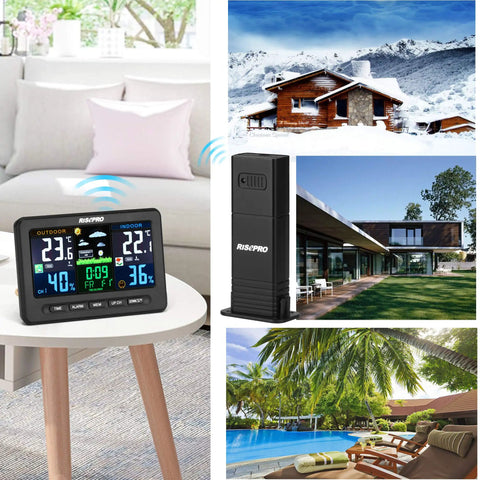 Wireless Weather Station With Outdoor Sensor For Indoor And Outdoor Temperature And Humidity Alerts, Alarm Clock Calendar, Weather Forecaster With Color LCD Display Wide Viewing Angle And 12 to 24 Hour Forecast showing on a table, with an outdoor sensor next to images of various weather conditions.