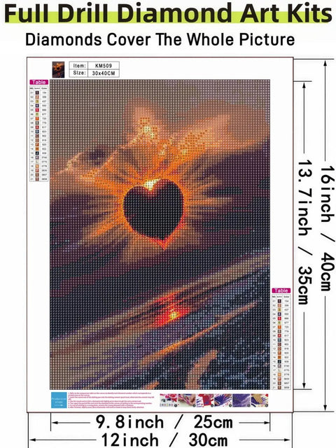 5D Diamond Painting Kit For Adults Beginners Easy Start Full Drill Round Gem Art Set DIY Dot Art For Home Wall Decor 11.8 By 15.7 Inches With Sparkling Gems And Simple Step By Step Instructions showcasing sunset heart design on canvas