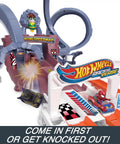 Hot Wheels RacerVerse Spider-Man Web-Slinging Speedway Track Set with Spider-Man and Black Panther racing on tracks