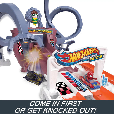 Hot Wheels RacerVerse Spider-Man Web-Slinging Speedway Track Set with Spider-Man and Black Panther racing on tracks