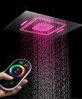 Fresh Concealed Led Rgb Shower System With Glossy Chrome Finish Eighty By Sixty Centimeter Rainhead showing remote control and water flow.