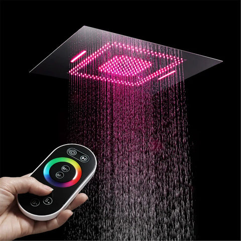 Fresh Concealed Led Rgb Shower System With Glossy Chrome Finish Eighty By Sixty Centimeter Rainhead showing remote control and water flow.