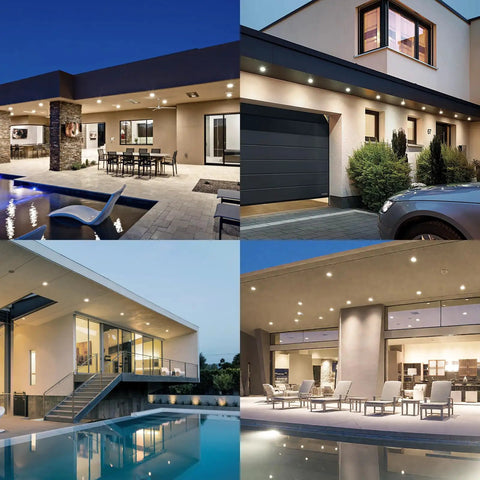Night view of outdoor areas with 2 Pack LED PAR38 Dusk To Dawn Flood Light Bulbs For Outdoor Use, illuminating gardens and garages.