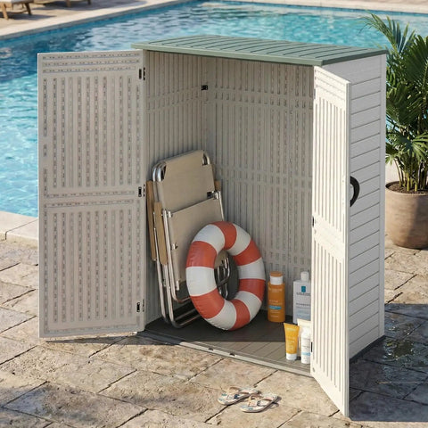 Vertical Resin Outdoor Storage Shed For Tools And Patio Gear Waterproof Garden Cabinet 386 Gallon Capacity 4.5 x 2.3 Ft open by pool