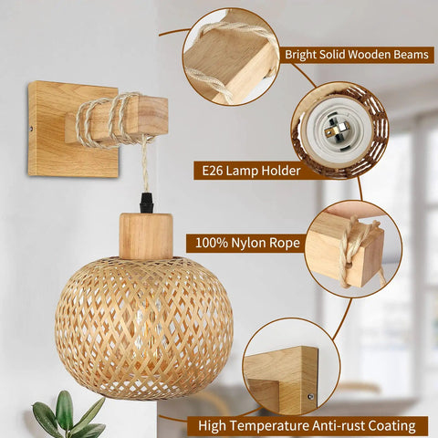 Bamboo Rattan Wall Sconce Lighting for Bedroom and Living Room, close-up on lampshade, wooden base, and nylon rope details.