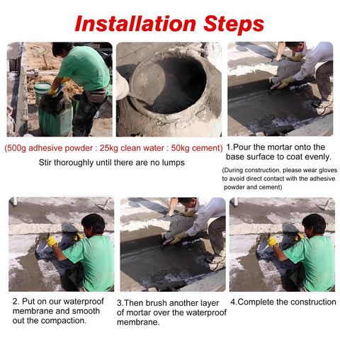 Installation steps for Professional Grade Waterproof Sheet For Floor Underlayment And Foundation Sealing, showcasing mortar application process.