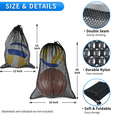 Two Pack Heavy Duty Mesh Drawstring Bags With Cord Lock Closure, 20x16 and 16x12 inches, showing size, nylon material, and sports balls.