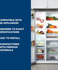Open fridge showcasing full shelves, overlay text describes compatibility with GE, easy install, premium materials.