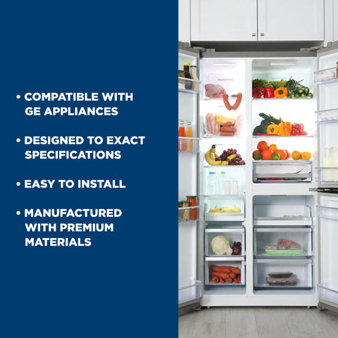 Open fridge showcasing full shelves, overlay text describes compatibility with GE, easy install, premium materials.