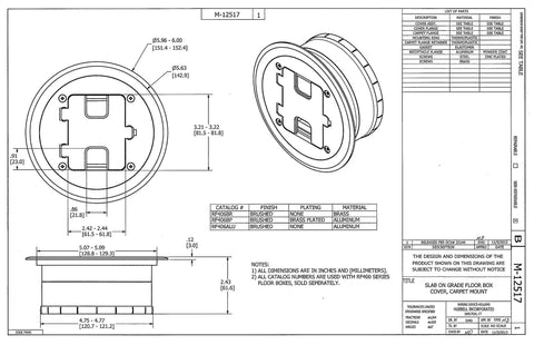 Technical drawing of RF406BK Preassembled Flange Cover And Leveling Ring For Floor Boxes Poured In Concrete With 15A 125V Outlet