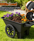 20 Inch Flat Free Wheelbarrow Wheels 2 Pack With Preinstalled Five Eighth Inch Bearings And Three Quarter Inch Adapters Replacement Cart Tires installed on garden cart, side view