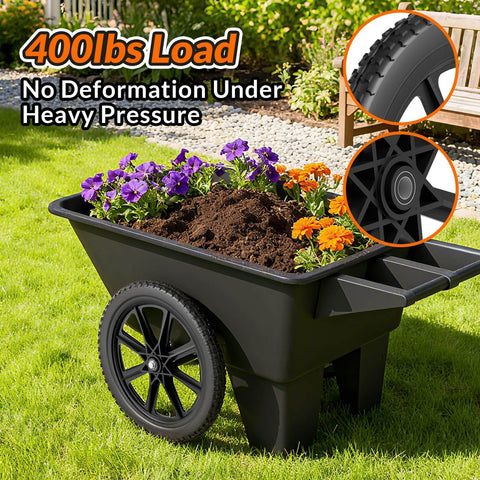 20 Inch Flat Free Wheelbarrow Wheels 2 Pack With Preinstalled Five Eighth Inch Bearings And Three Quarter Inch Adapters Replacement Cart Tires installed on garden cart, side view
