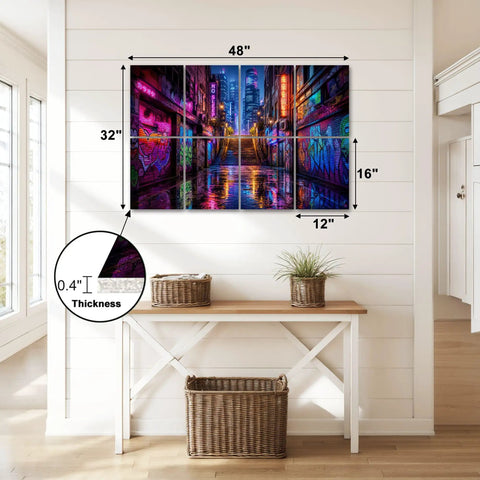 8 Pack Peel And Stick Acoustic Wall Panels With Neon Graffiti City Skyline Design Premium Polyester Fiber Sound Absorbing Foam Tiles For Recording Booths And Home Office, displayed in a bright room.