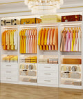 Modular Closet System With Six Drawers And Ten Open Shelves Housing Eight Hanging Rods creating a custom walk in closet organizer setup that hits different for any master bedroom freestanding white wood build with colorful clothing and accessories.