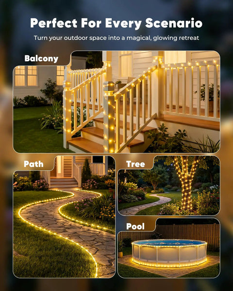 Solar Rope Lights 39Ft 100LED Outdoor String Lights IP65 Waterproof, 8 Lighting Modes, Warm White, Solar Powered, in garden settings