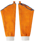 Heavy Duty Genuine Leather Welding Sleeves Tough As Nails That Lock In Comfort While Delivering Flame Resistant Arm Guard Coverage During Killer Grilling Tasks in orange with white cuffs.