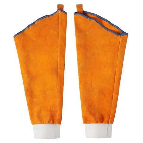 Heavy Duty Genuine Leather Welding Sleeves Tough As Nails That Lock In Comfort While Delivering Flame Resistant Arm Guard Coverage During Killer Grilling Tasks in orange with white cuffs.