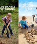 Kids using Compact Garden Shovel For Digging And Camping 31 Inch Small Shovel With Ergonomic Curved D Handle in garden and beach sand.