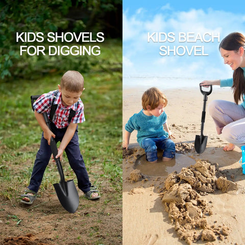 Kids using Compact Garden Shovel For Digging And Camping 31 Inch Small Shovel With Ergonomic Curved D Handle in garden and beach sand.