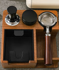 Heavy Duty Solid Walnut Espresso Tamper Station With Integrated Knock Box And Filter Cup Non Slip Base showcasing tools for 51 53 58 mm portafilters.