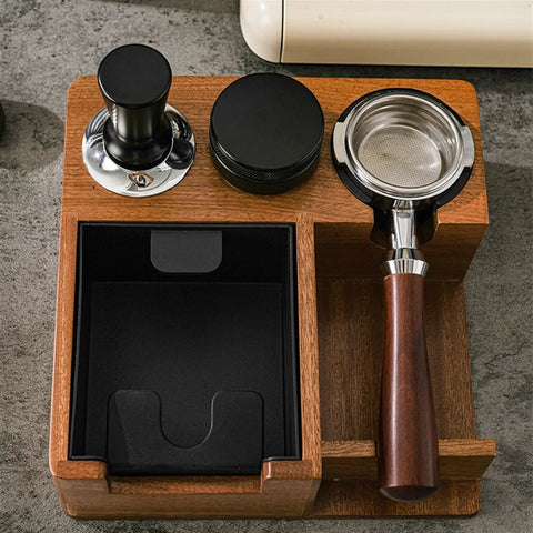 Heavy Duty Solid Walnut Espresso Tamper Station With Integrated Knock Box And Filter Cup Non Slip Base showcasing tools for 51 53 58 mm portafilters.
