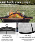 24 Inch Fire Pit Spark Screen with Foldable Hook shown on fire pit with high temperature coating, steel mesh cover and marshmallow sticks.
