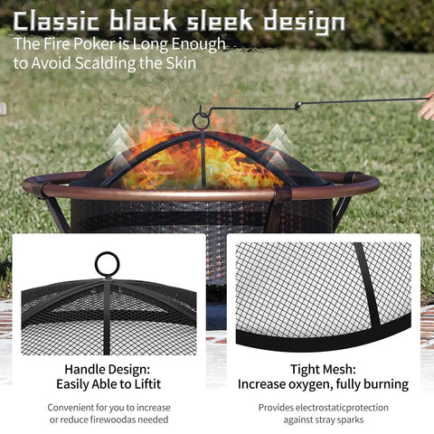 24 Inch Fire Pit Spark Screen with Foldable Hook shown on fire pit with high temperature coating, steel mesh cover and marshmallow sticks.