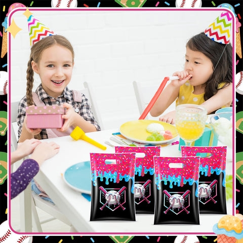 Children at a party with 30 Pcs Baseball Snack Bags With Ice Cream Drip Pattern For Birthday Parties on table.