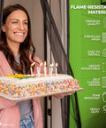 Person with cake exiting through Magnetic Screen Door For French And Sliding Doors, Heavy-Duty Hands-Free Fiberglass Mesh