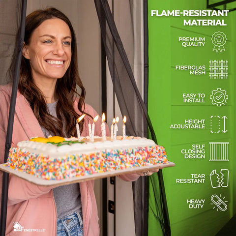Person with cake exiting through Magnetic Screen Door For French And Sliding Doors, Heavy-Duty Hands-Free Fiberglass Mesh