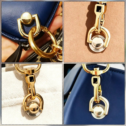 Close-up of 4 gold D-ring rivets on leather purses from 4 Pcs D Ring Rivets For Leather Purses 360 Degree Rotatable Crossbody Conversion Kit