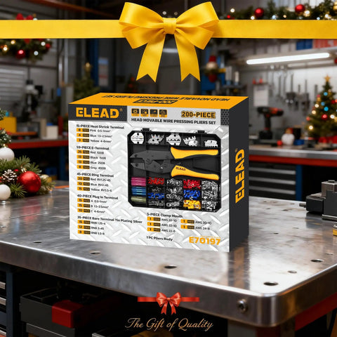 All In One Pro Grade Ratchet Wire Crimping Kit With Five Quick Change Jaws 200 Piece Set box on workbench with holiday decor
