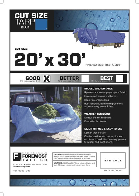 Packaging of All Purpose Blue Poly Tarp 20 By 30 Feet Built Tough For DIY Home Garden Camping Construction Landscaping And Storage With Tight Woven Polyethylene Fabric Dual Lamination For Water Resistance Heat Sealed Seams And Washable Durability