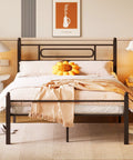 Top Shelf Black Metal Full Bed Frame With Headboard And Steel Slat Base, featuring a cozy blanket and pillows in a modern bedroom.