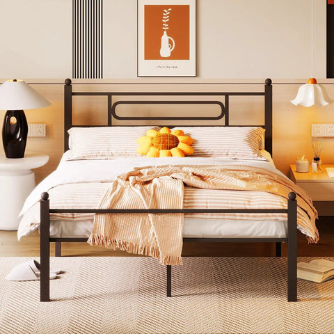 Top Shelf Black Metal Full Bed Frame With Headboard And Steel Slat Base, featuring a cozy blanket and pillows in a modern bedroom.