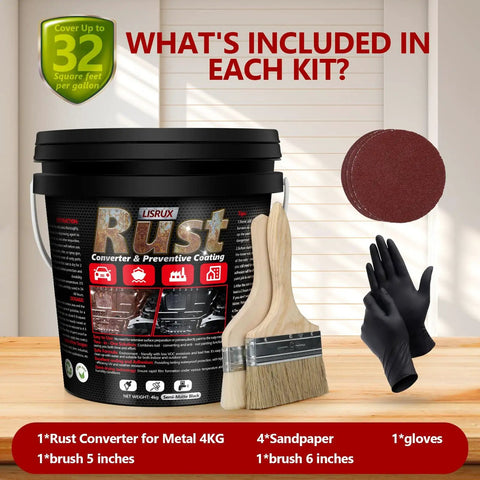 Rust converter and metal primer kit with brushes, sandpaper, gloves, including 141 Fl Oz black rust inhibitor paint.
