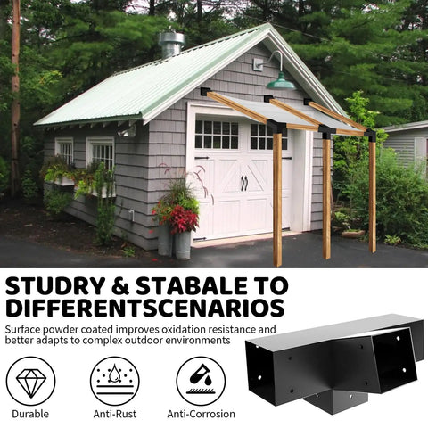 Heavy Duty Beefy 3 Way Slanted Roof Pergola Bracket Kit With Wall Mount Post Base For 4x4 Beams 30 Degree Right Angle Corners Galvanized Steel For Porches And Gazebos 4 Pack