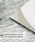 Close-up of Peel And Stick Mirror Tile Strips Mosaic For Kitchen Backsplash, Silver Crystal Glass Tiles DIY, adhesive layer visible