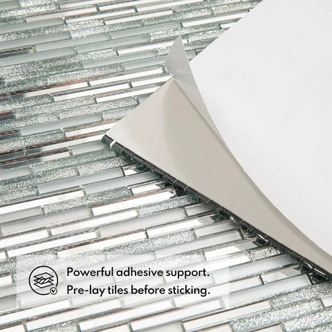 Close-up of Peel And Stick Mirror Tile Strips Mosaic For Kitchen Backsplash, Silver Crystal Glass Tiles DIY, adhesive layer visible