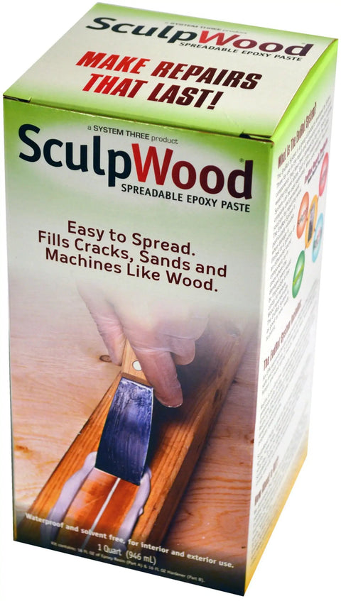 Two Part Wood Epoxy Paste Compound One Quart Kit For Cracked Boards And Hollow Gouges in a packaging with application details.