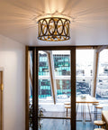 Prince 3 Light Flush Mount Oil Rubbed Bronze With Open Frame And Crystal Clear Glass Shades in modern hallway setting