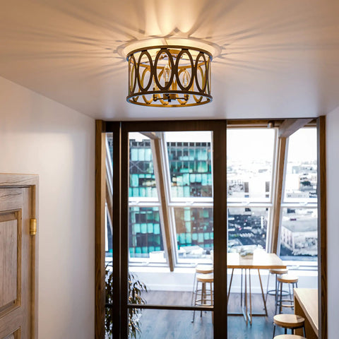 Prince 3 Light Flush Mount Oil Rubbed Bronze With Open Frame And Crystal Clear Glass Shades in modern hallway setting