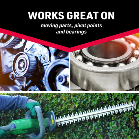 Small Electric Motor Oil 3 Oz Lubricant works on moving parts, pivot points, bearings with images of gears and hedge trimmer