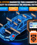 All In One OBD2 Car Diagnostic Scanner For Check Engine Light Code Reader Clear Error Codes ABS SRS SAS And Full Vehicle System Diagnostics Tool Plug And Play Compatible With Toyota Honda Ford showing UI interface and compatibility features