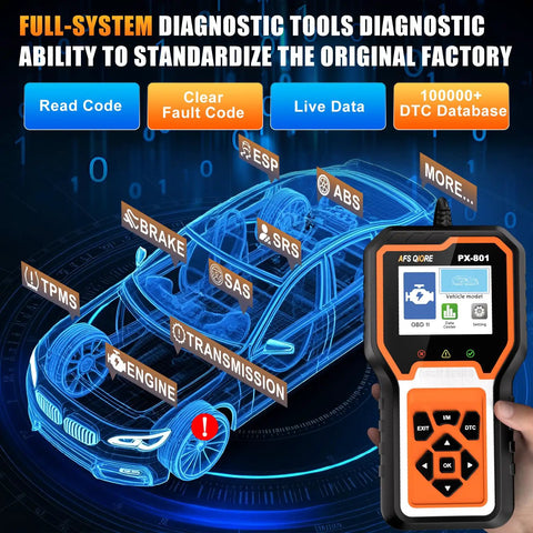 All In One OBD2 Car Diagnostic Scanner For Check Engine Light Code Reader Clear Error Codes ABS SRS SAS And Full Vehicle System Diagnostics Tool Plug And Play Compatible With Toyota Honda Ford showing UI interface and compatibility features