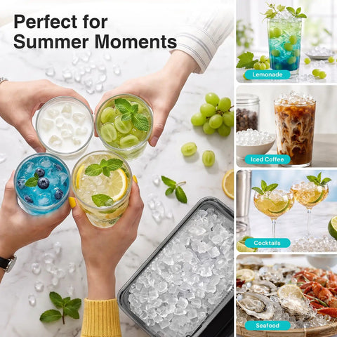Countertop Nugget Ice Maker Cranks Out 35 Pounds Of Snap Bubble Ice Daily with drinks, including cocktails, iced coffee, and lemonade.